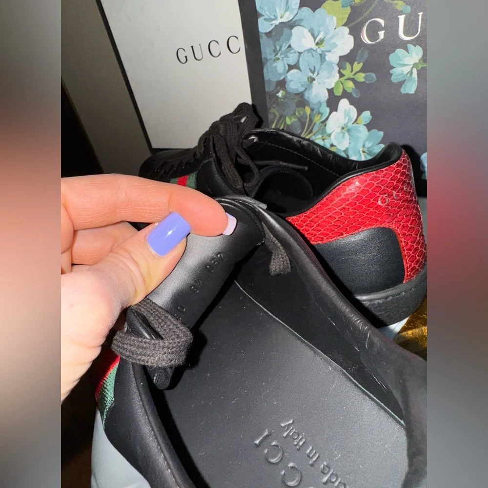 NWT Gucci Ace Black Leather Sneakers with Red and Green Stripe, Size Men’s 8.5-9 - Picture 9 of 14